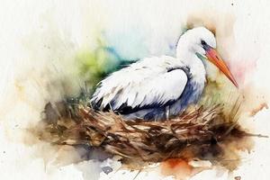 Stork in the Nest, watercolor painting on textured paper. Digital watercolor painting photo