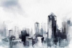 Modern city with skyscrapers, gray tone, watercolor painting on textured paper. Digital watercolor painting photo