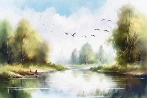 Landscape forest and forest lake with flying birds, watercolor painting on textured paper. Digital watercolor painting photo