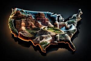 U.S. flag on the background of a map of the country with elements of natural features. photo