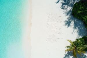 tropical blanco arena en el playa y turquesa mar agua. ver desde el cima. un tropical paradisíaco fondo. generativo ai foto