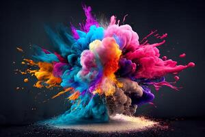 un explosión de multicolor pintar, un nube de polvo. negro antecedentes. generativo ai foto