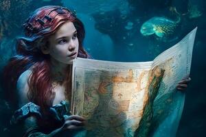 A mermaid underwater studying a navigation chart. photo