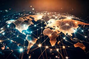 Social media, the globe, and glowing lights. The global network of the Internet. photo