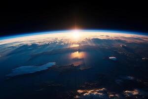 Planet Earth with sunset, view from the space station. Background. photo
