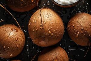 Coconut, coconuts covered in water droplets. Coconut Background. photo