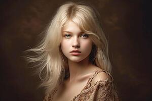 Portrait of a fashionable European girl with long blond hair. Studio light. Dark background. photo