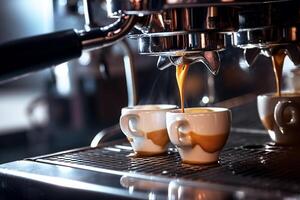 The espresso coffee machine makes an invigorating beverage. Generative AI photo
