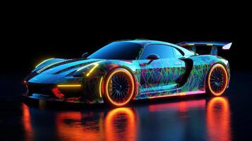 Abstract futuristic car design in neon color. Wallpaper, black background. photo