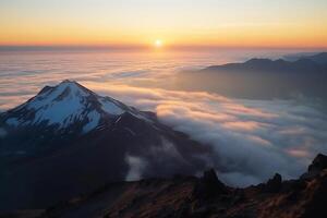 montaña paisaje, amanecer en el montañas encima el nubes generativo ai foto