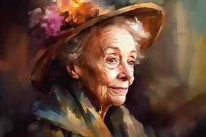Elderly woman in hat, aristocrat, portrait painted in watercolor on textured paper. Digital Watercolor Painting photo