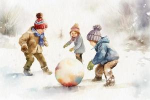 Kids playing outside in winter, painted with watercolor on textured paper. Digital watercolor painting photo