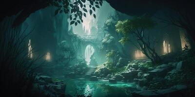 A fantastic mystical landscape of the elven gorge. Grim mountains, trees, and a stream. A magical place in the middle of the forest illuminated by magical lanterns, fireflies. . photo