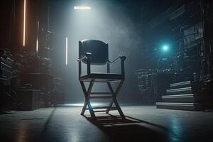 An office chair in a beam of studio light in the middle of a dark room, a cinematic scene. Free vacancy concept, leadership, ideal candidate. . photo