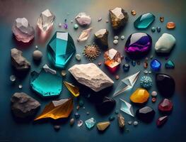 hermosa colección de cristales y piedras preciosas y minerales en un oscuro antecedentes. lujo fondo, Roca cuarzo, vaso prisma, ámbar, ágata, cornalina, amatista, pepitas ai generado. foto