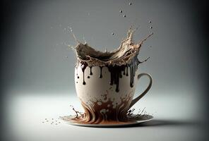 Coffee cup, splash and splatter. Burst of brown liquid, drips. Abstract illustration on light background. . photo