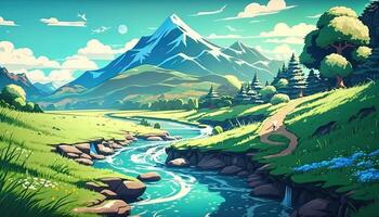 A beautiful anime style summer landscape. Green valley, river, high mountains with snow capped peaks, blue sky with white clouds. . photo