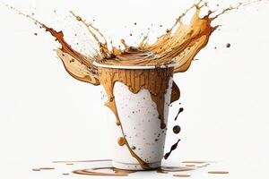 Coffee paper cup, splash and splatter. Burst of brown liquid, drips. Abstract illustration on white background. . photo