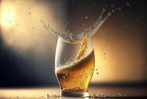 A glass of beer on a wooden table against a dark blurry background in the light of the sunset. Splash and splash of foam. . photo