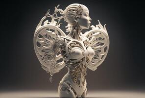 Mechanical android girl, a tangle of wires and technical elements. Humanoid robot woman, complex sci-fi model. White cyberpunk character on dark background. . photo