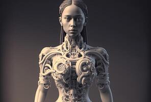 mecánico androide chica, un enredo de alambres y técnico elementos. humanoide robot mujer, complejo ciencia ficción modelo. blanco cyberpunk personaje en oscuro antecedentes. ai generado. foto