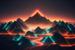 A futuristic landscape, low-polygon mountains illuminated by neon light on a gradient background. Immersion in a surreal digital virtual cyber world. 3D rendering. . photo