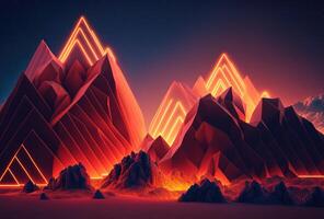 A futuristic landscape, low-polygon mountains illuminated by neon light on a gradient background. Immersion in a surreal digital virtual cyber world. 3D rendering. . photo