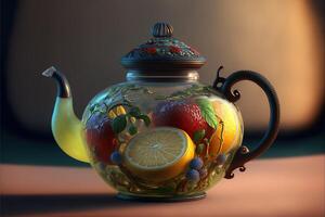 Beautiful tea kettle. Volumetric pattern of fruits, berries, citrus fruits. 3D rendering. . photo