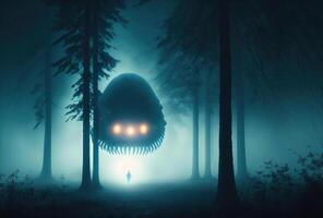 Scary alien monster in the misty night forest. The creepy silhouette of a huge creature with glowing eyes is illuminated by the moon. 3D rendering. . photo