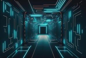 A fantastic neon tunnel, the corridor of a spaceship. Immersion in virtual reality, artificial intelligence. Dark abstract background with multicolored glow. 3D rendering. . photo