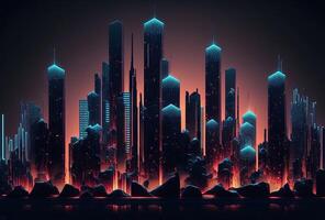 A futuristic night city in the distance glowing with neon light. Surrealistic skyscrapers. Cyberpunk, immersive world of the metaverse. 3D rendering. . photo