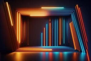 Abstract psychedelic dark background, multicolored glowing neon straight lines. Immersive fantasy interior, corridor, gallery. 3D rendering. . photo