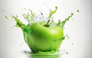 Green apple in a splash of water. Explosion of clear liquid and droplets on white background. . photo