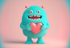 3D character is a cute monster holding a heart. Funny toothy alien gives heart, confesses his love on pastel background. photo