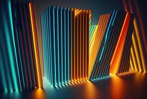 Abstract psychedelic dark background, multicolored glowing neon straight lines. Immersive fantasy interior, corridor, gallery. 3D rendering. . photo