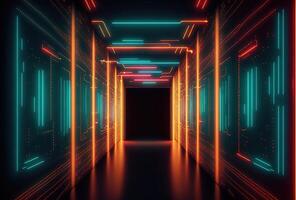 A fantastic neon tunnel, the corridor of a spaceship. Immersion in virtual reality, artificial intelligence. Dark abstract background with multicolored glow. 3D rendering. . photo