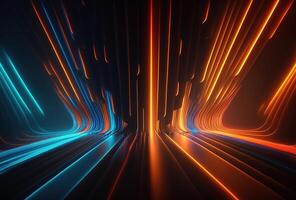 Abstract psychedelic dark background, multicolored glowing neon straight lines. Immersive fantasy interior, corridor, gallery. 3D rendering. . photo