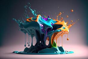 A splash of colorful liquid on a mirrored surface. An explosion of paint, ink. An immersive, abstract background. 3D rendering. photo