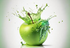 Green apple in a splash of water. Explosion of clear liquid and droplets on white background. . photo