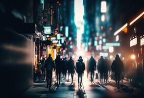 oscuro siluetas de gente, lluvia, reflexiones en el mojado asfalto. noche ciudad calle iluminado por neón ligero. 3d representación. ai generado. foto