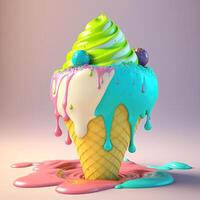 Ice cream cone with flowing multicolored droplets on pastel background. 3D rendering. . photo