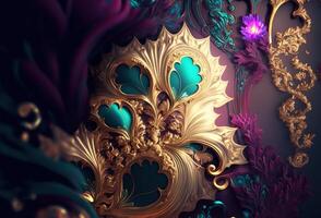 Elegant, luxurious ornament of gold, purple and green flowers and leaves. Abstract floral pattern, jewelry background. 3D rendering. AI generated photo