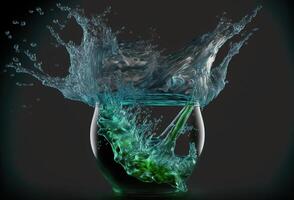 A glass with a splash of colored transparent liquid. An explosion of water droplets on an abstract gradient background. 3D rendering. . photo