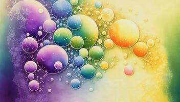 Rainbow soap bubbles. Multicolored glass balls. Bright watercolor abstract background. photo