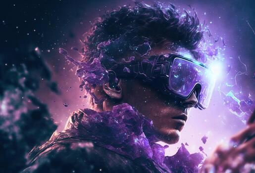 Portrait of a young man with VR glasses immersed in virtual reality. Abstract neon light, surreal background. Creative art and technology of the meta-universe. 3D rendering. photo