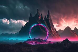 Fantastic mountain scenery with a round neon portal against a cloudy, thunderous sky. Surrealistic dystopian alien world. 3D rendering. . photo