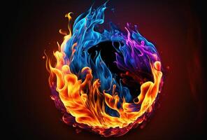 Multicolored neon fire on a dark background. Surrealistic flames of red, blue and yellow. Fantastic moving pattern. 3D render. . photo