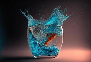 A glass with a splash of colored transparent liquid. An explosion of water droplets on an abstract gradient background. 3D rendering. . photo