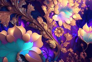 elegante, lujoso ornamento de oro, púrpura y verde flores y hojas. resumen floral patrón, joyería antecedentes. 3d representación. ai generado foto