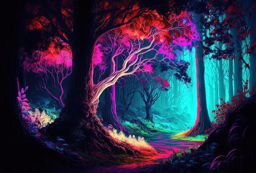 The dark trees are illuminated by multicolored psychedelic neon light. A fairytale forest, a surreal, mystical landscape. A mysterious path through the thicket. 3D rendering. . photo